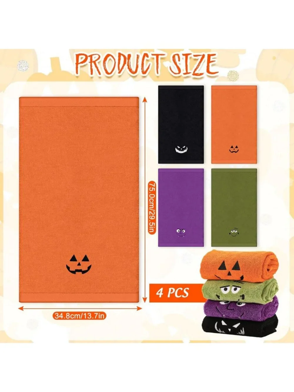 Spooky Pumpkin Face Halloween Hand Towels - 4 Pack, Absorbent Cotton Bath Towels
